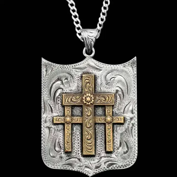 "Our Three Cross Pendant is crafted on a German Silver base, featuring Western-inspired hand engraving and our signature three-cross design in Jeweler's Bronze.

Size: 1.75""x2.25"" 

Ready to be shipped next day! 

Get a St